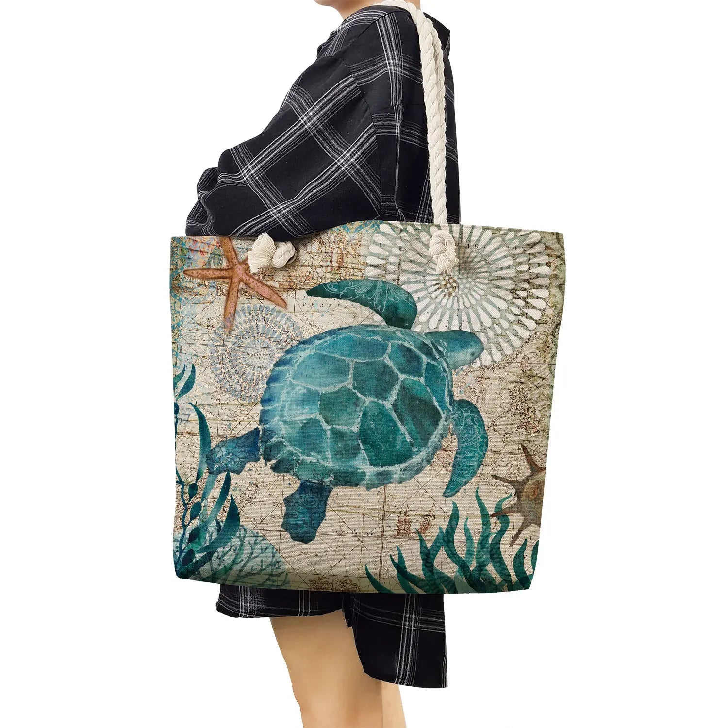 Sea Life Print Beach Tote Bag Outdoor Travel Women Shoulder Bag