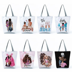 Cartoon Mama Printed Tote Shoulder Bag Mom Baby Women Casual Handb
