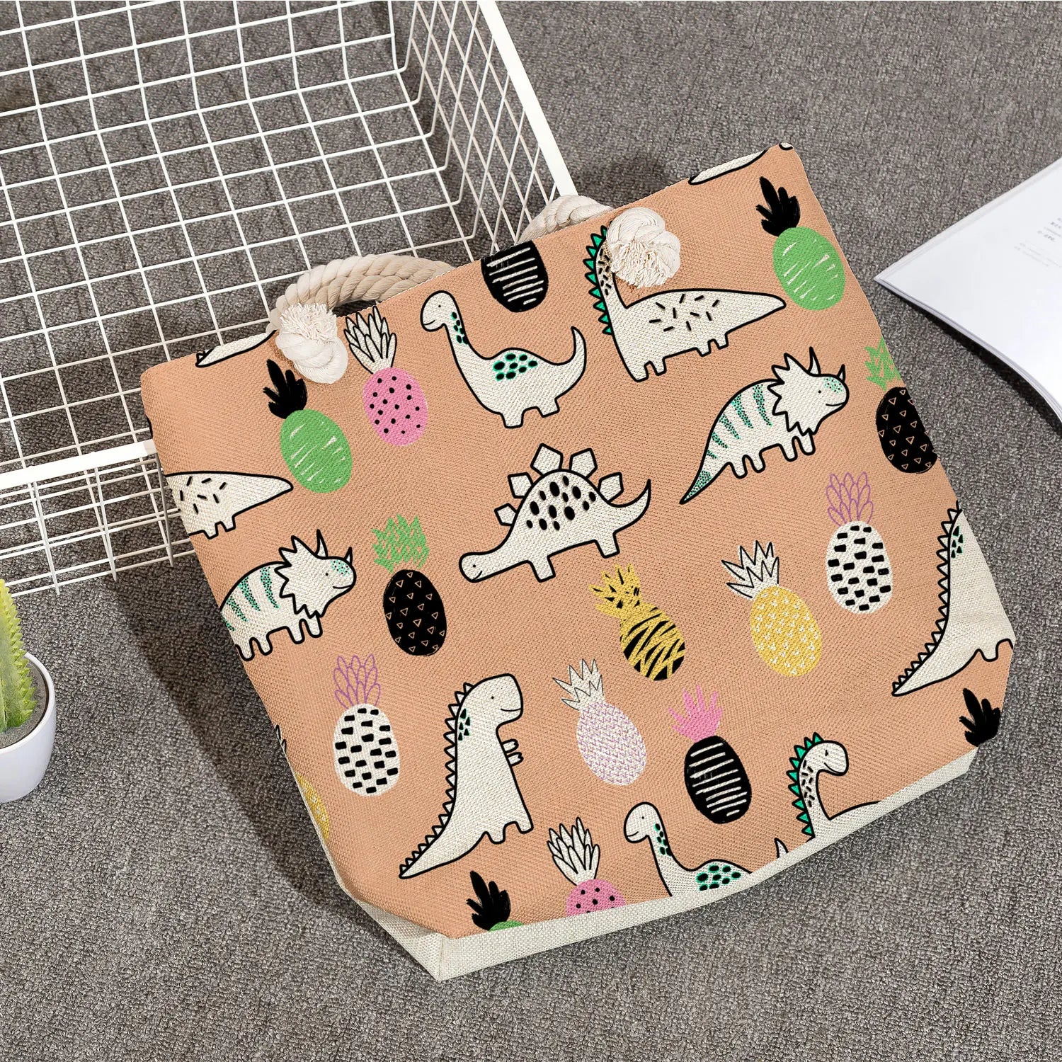 Dinosaur Print Shoulder Bag Cartoon Tote Women Handbag Large Capacity Shopping B