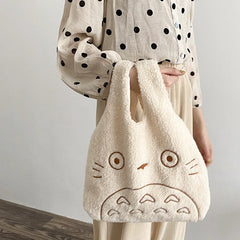 Totoro Embroidery Lamb Fabric Handbag Tote Bag for Women