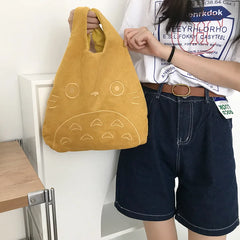 Totoro Embroidery Lamb Fabric Handbag Tote Bags for Women Soft Fur Shopper Bag