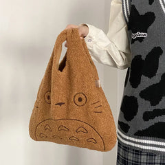 Totoro Embroidery Lamb Fabric Handbag Tote Bag for Women