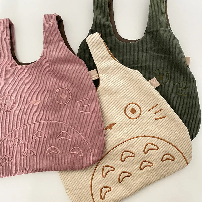 Totoro Embroidery Lamb Fabric Handbag Tote Bags for Women Soft Fur Shopper Bag