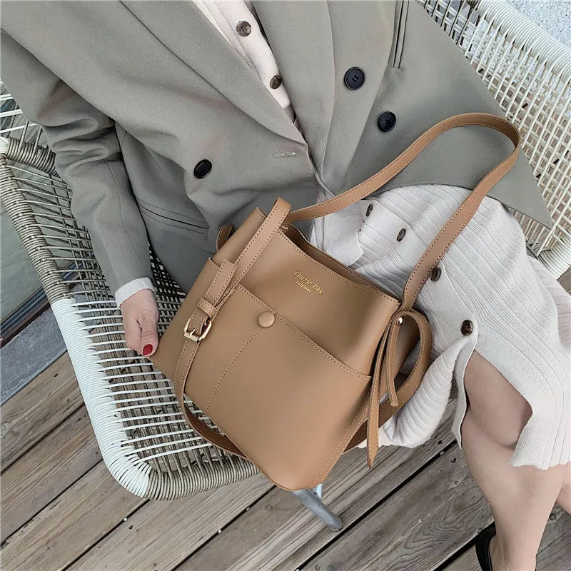 Casual Buckets Bag Women Shoulder Bags Soft Pu Leather Crossbody Bag
