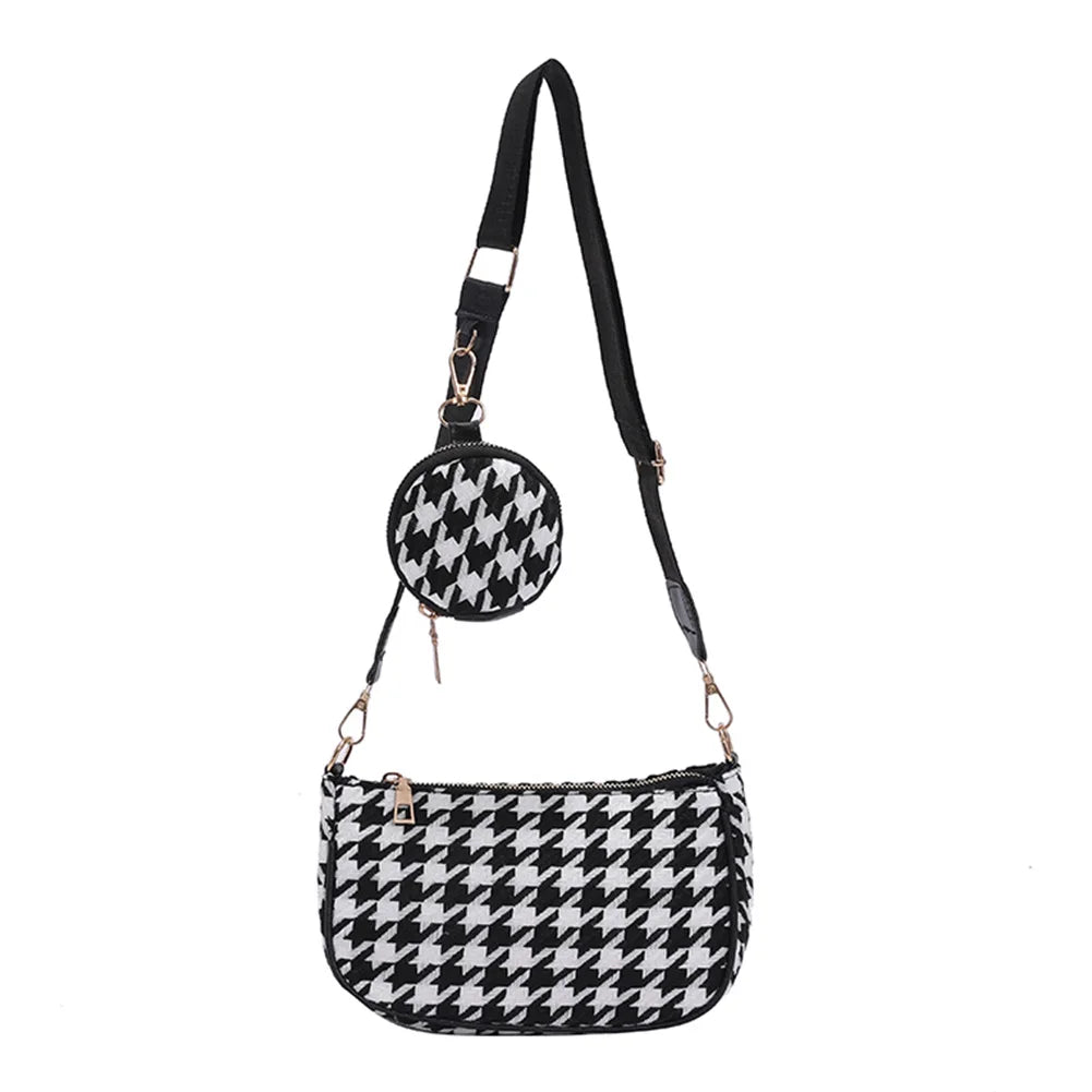 Vintage Plaid Shoulder Bags with Round Purse Pendant
