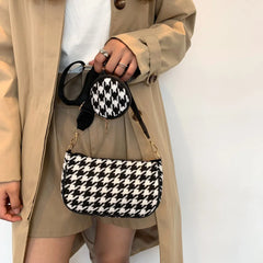 Vintage Plaid Shoulder Bags with Round Purse Pendant