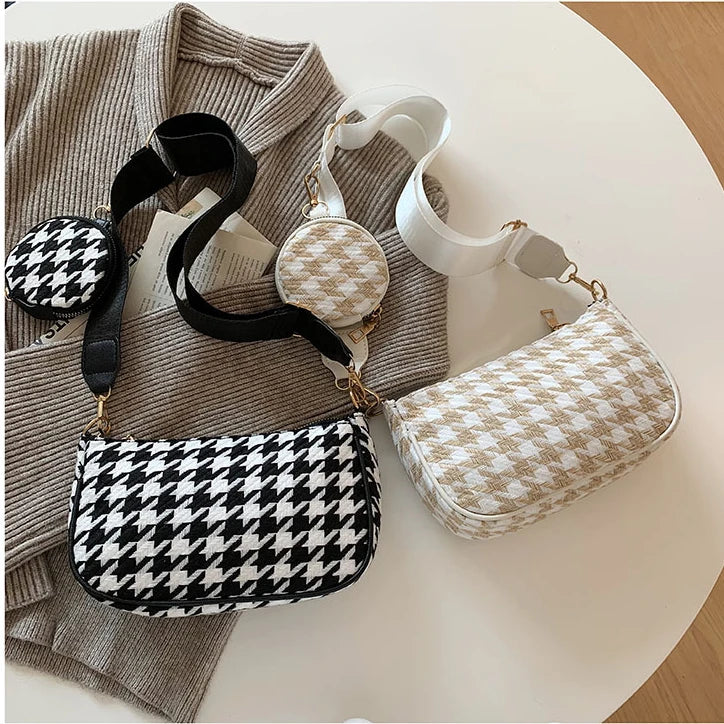Vintage Plaid Shoulder Bags with Round Purse Pendant