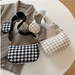 Vintage Plaid Shoulder Bags with Round Purse Pendant
