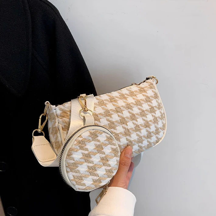 Vintage Plaid Shoulder Bags with Round Purse Pendant
