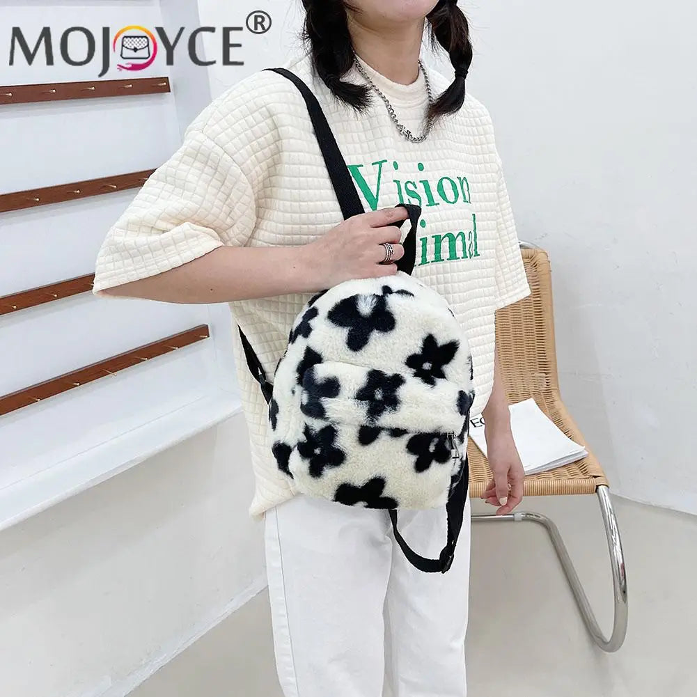 Flowers Printing Plush Backpack Casual All-match Shoulder Knapsack