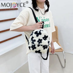 Flowers Printing Plush Backpack Casual All-match Shoulder Knapsack