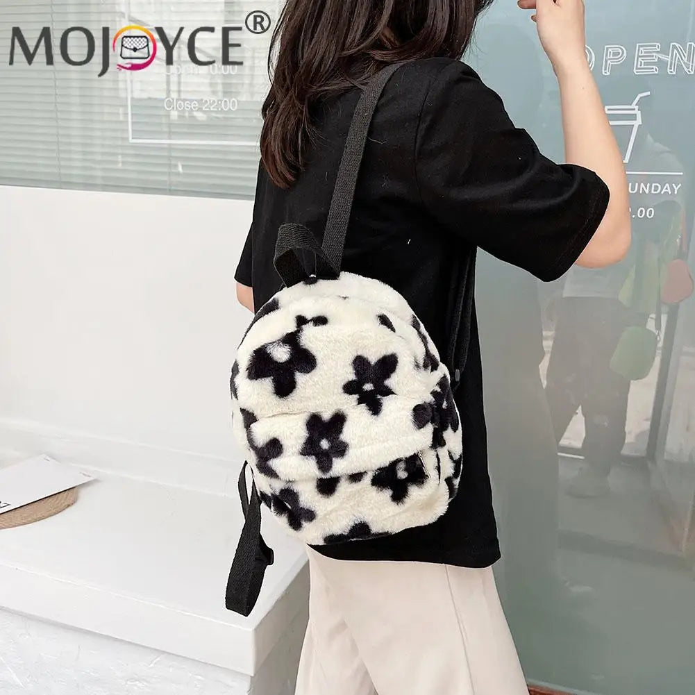 Flowers Printing Plush Backpack Casual All-match Shoulder Knapsack