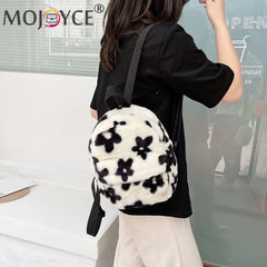 Flowers Printing Plush Backpack Casual All-match Shoulder Knapsack
