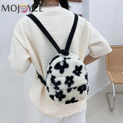 Flowers Printing Plush Backpack Casual All-match Shoulder Knapsack