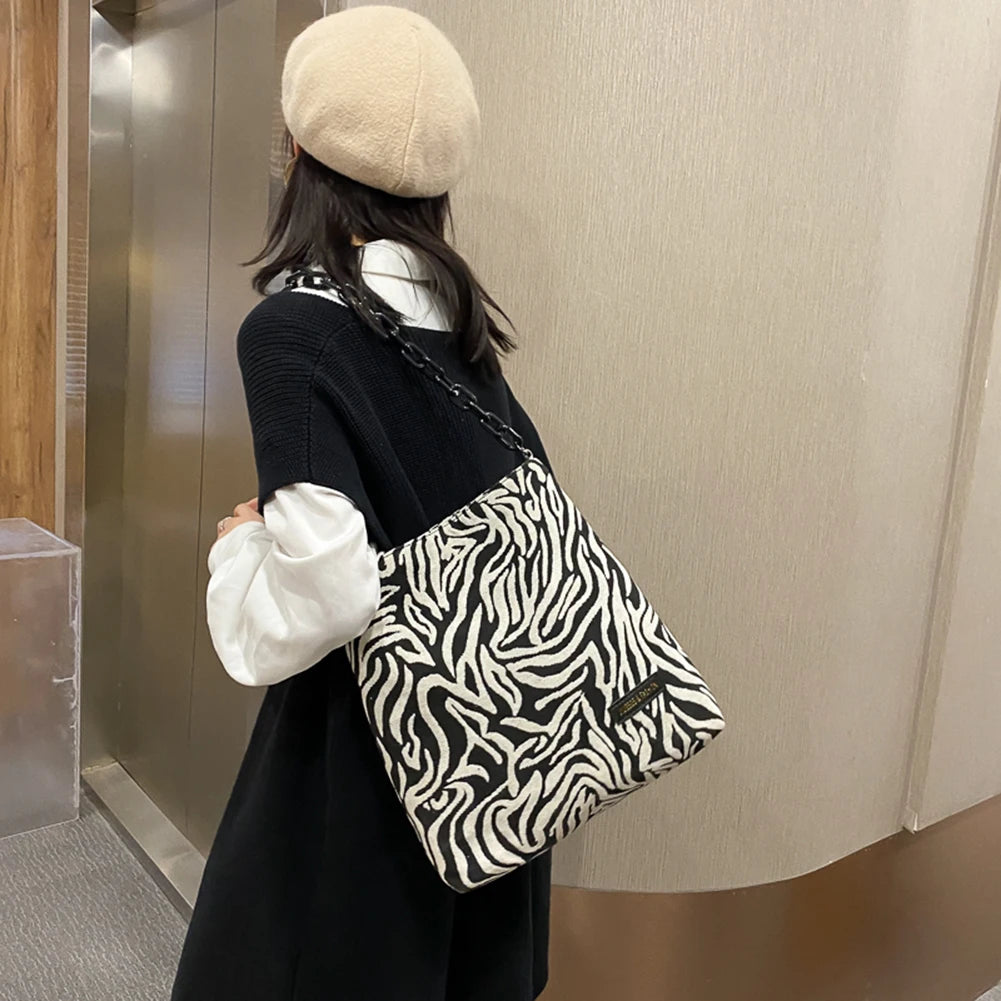 Casual Animal Pattern Handbag Chain Tote Canvas Shoulder Bag