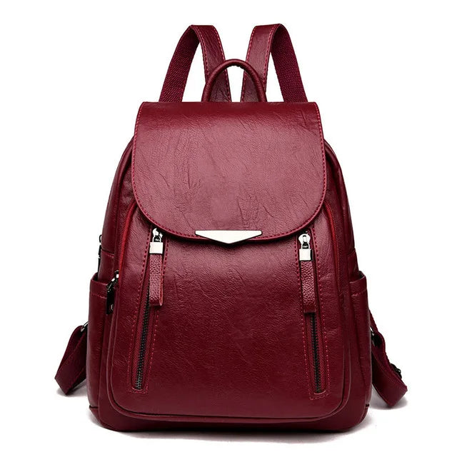 Women's Leather Casual Backpack Large Capacity School Bag