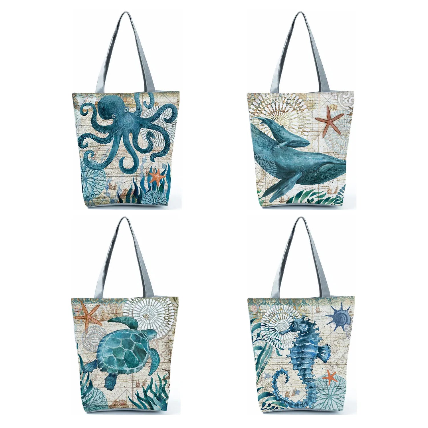 Beach Tote Bag Seahorse Turtle Octopus Pattern Shoulder Bags