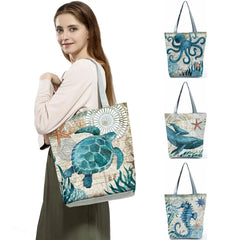 Beach Tote Bag Seahorse Turtle Octopus Pattern Shoulder Bags