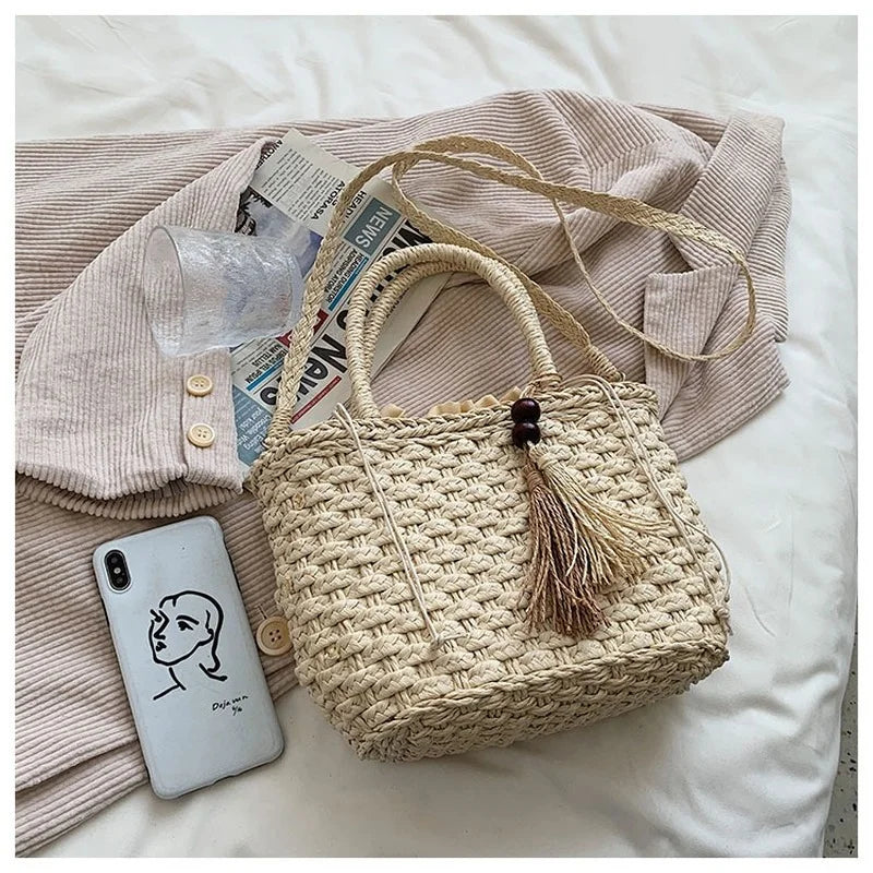 Straw Bucket Crossbody Bags for Women - Summer Handbags Tassel Shoulder Bags
