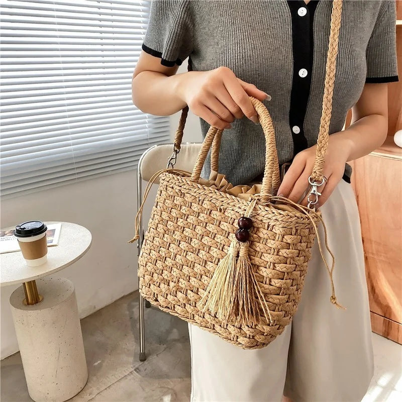 Straw Bucket Crossbody Bags for Women - Summer Handbags Tassel Shoulder Bags