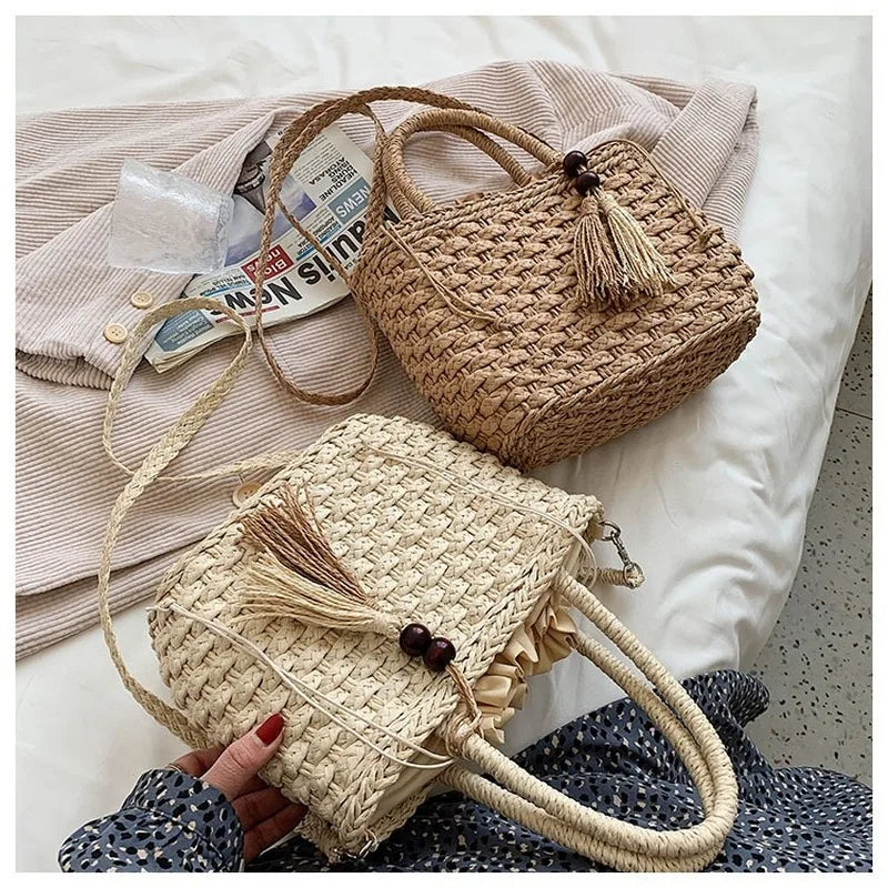 Straw Bucket Crossbody Bags for Women - Summer Handbags Tassel Shoulder Bags