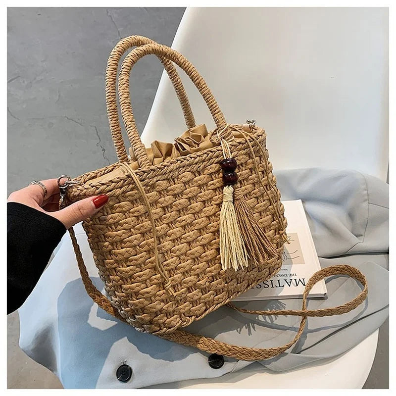 Straw Bucket Crossbody Bags for Women - Summer Handbags Tassel Shoulder Bags