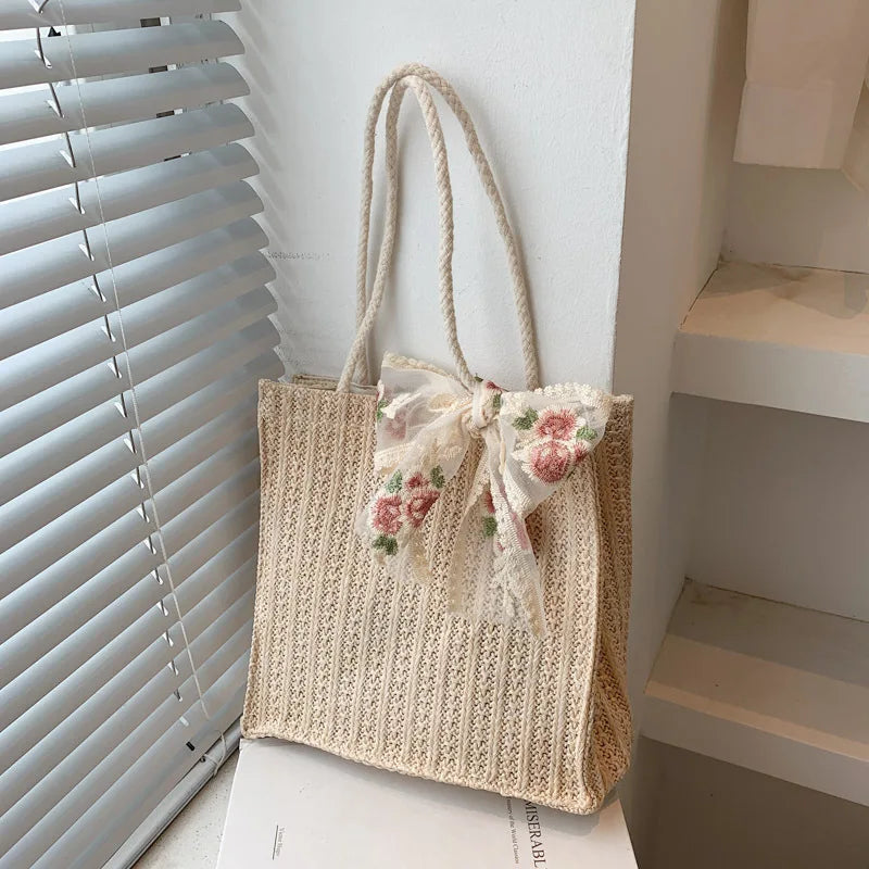 Casual Bow-knot Straw Bag Summer Ladies Shoulder Bag Tote Bag