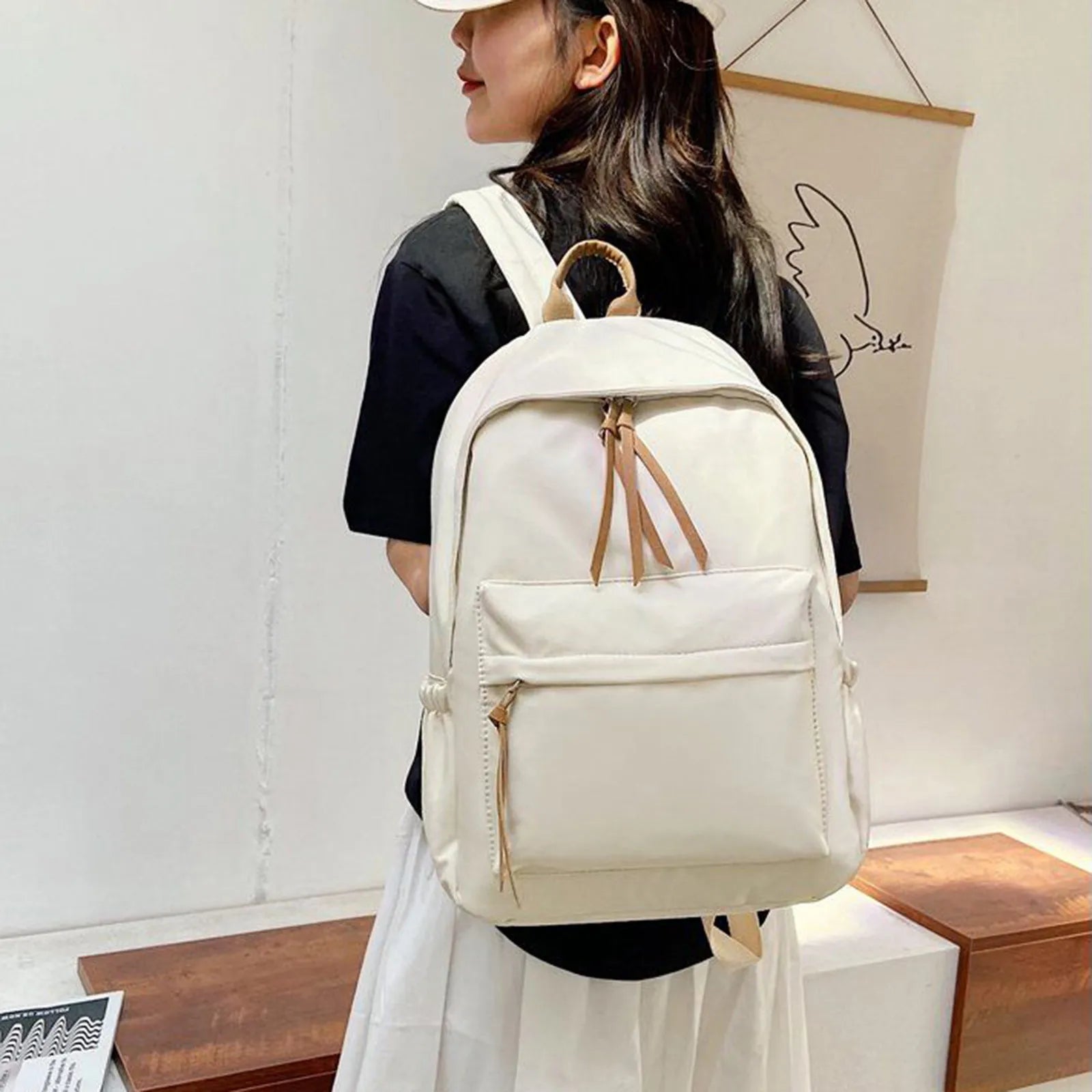 Casual Canvas Backpack For Women Girl Student Preppy Style Solid Zipper School B