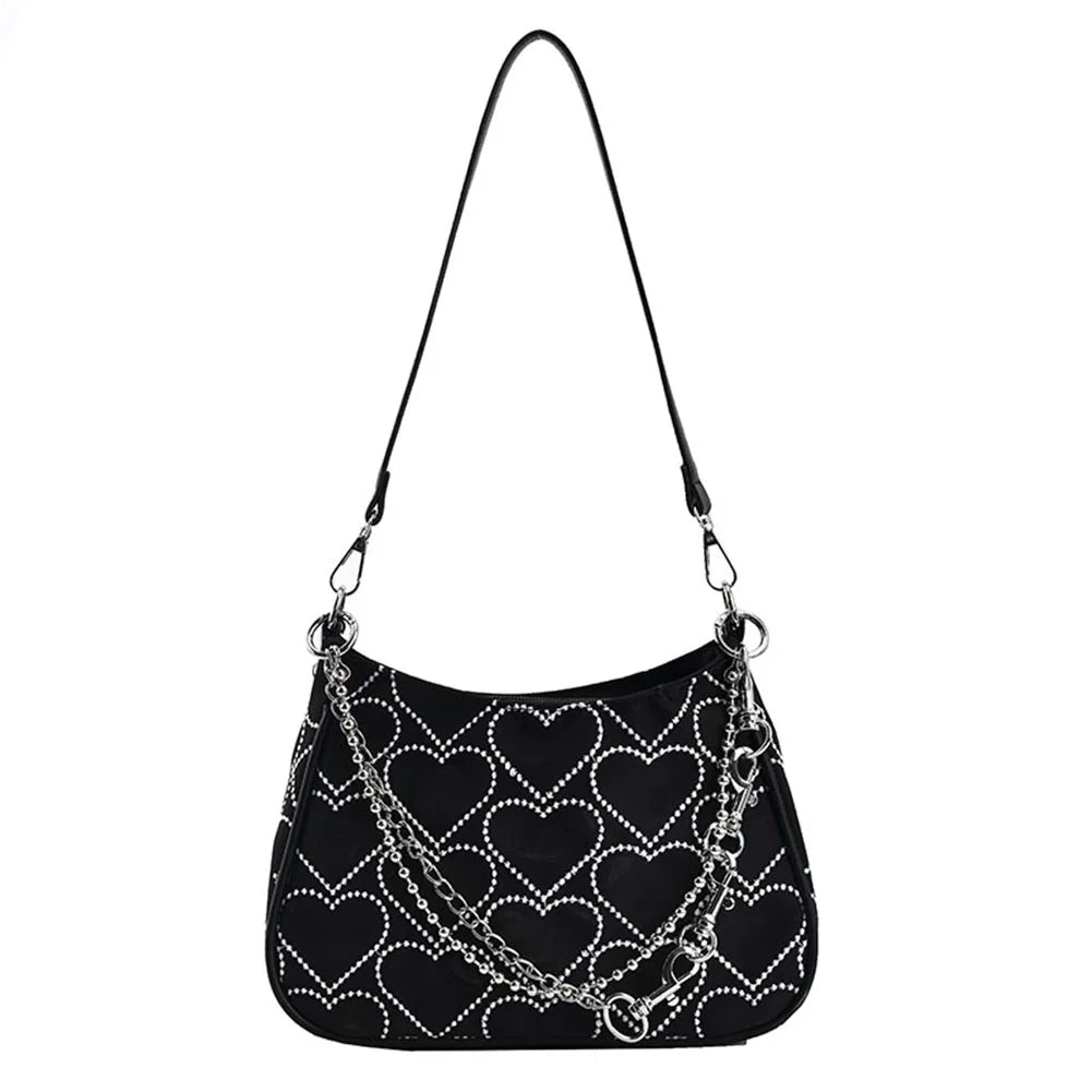 Canvas Hearts Embroidery Women Underarm Bags Chain Handbags Totes Crossbody Bags