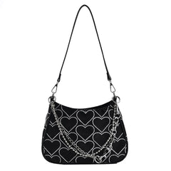 Canvas Hearts Embroidery Women Underarm Bags Chain Handbags Totes Crossbody Bags