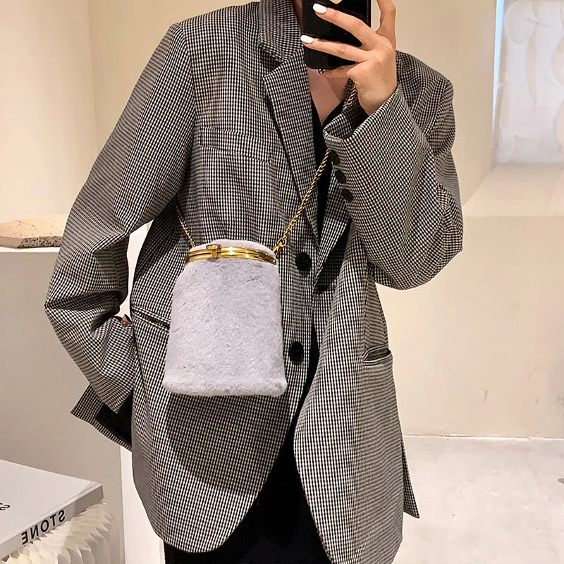Plush Shoulder Bag for Women Casual Chain Bucket Crossbody Bags
