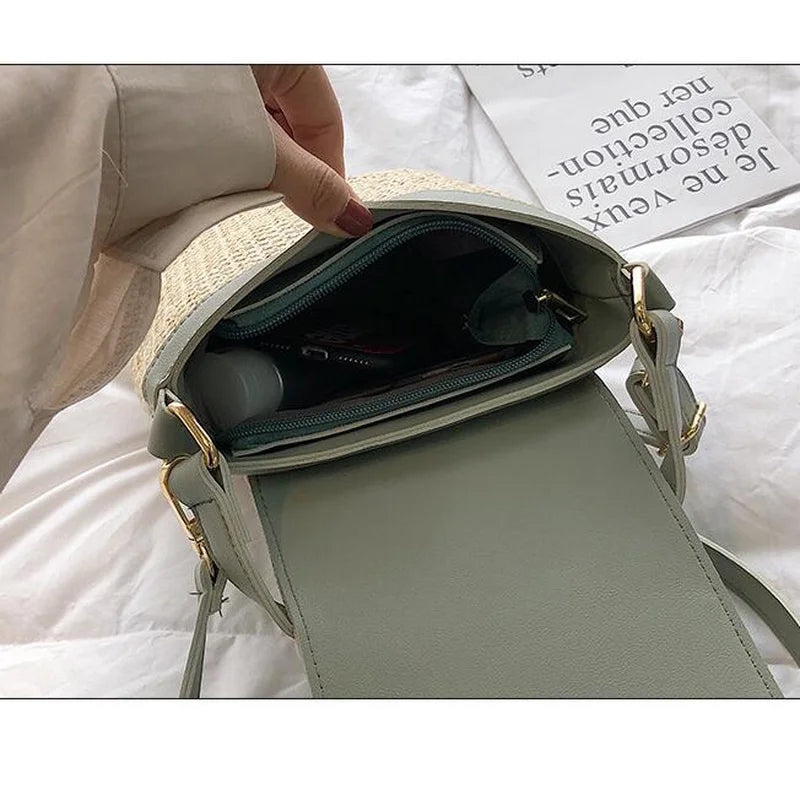 Straw Bucket Bag Women Summer Messenger Rattan Beach Travel Purse Shoulder