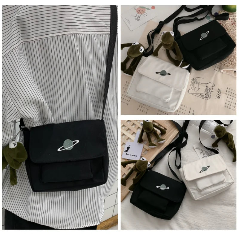 Celestial Print Canvas Messenger Bag Small Shoulder Bag for Women