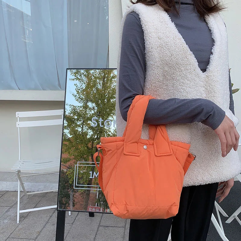 Casual Cotton Bucket Bags Women Colorful Handbags Space Pad Feather Shoulder