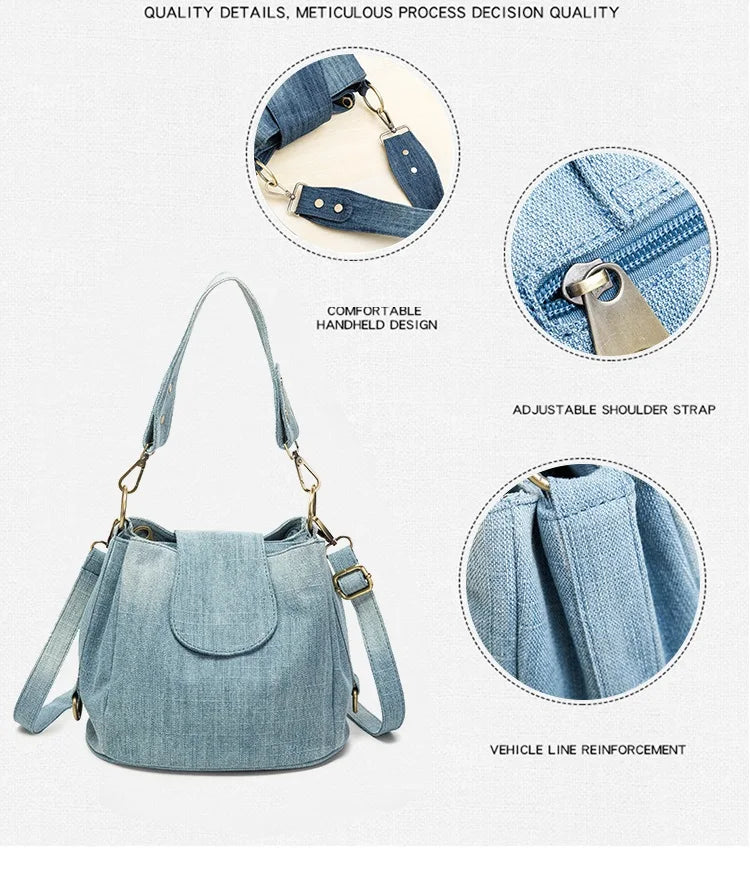 Denim Bucket Bag for Women Shoulder Crossbody Big Totes