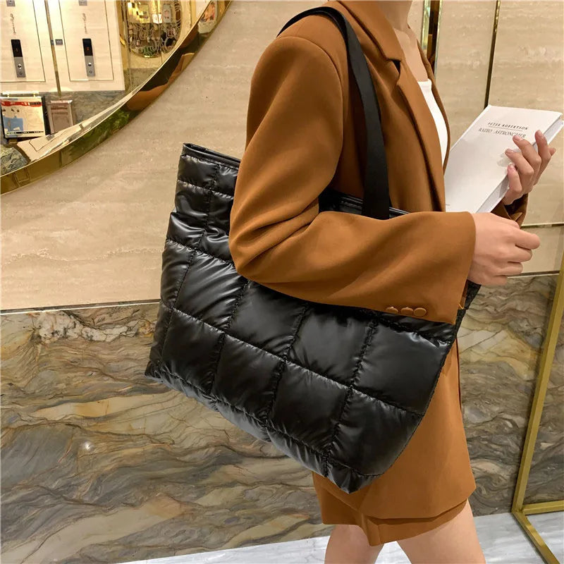 Women Shoulder Bag Quilted Bucket Tote Warm Winter Handbag
