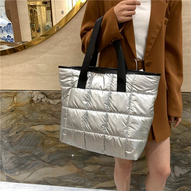 Women Shoulder Bag Quilted Bucket Tote Warm Winter Handbag