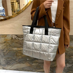 Women Shoulder Bag Quilted Bucket Tote Warm Winter Handbag