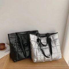 Women Shoulder Bag Quilted Bucket Tote Warm Winter Handbag