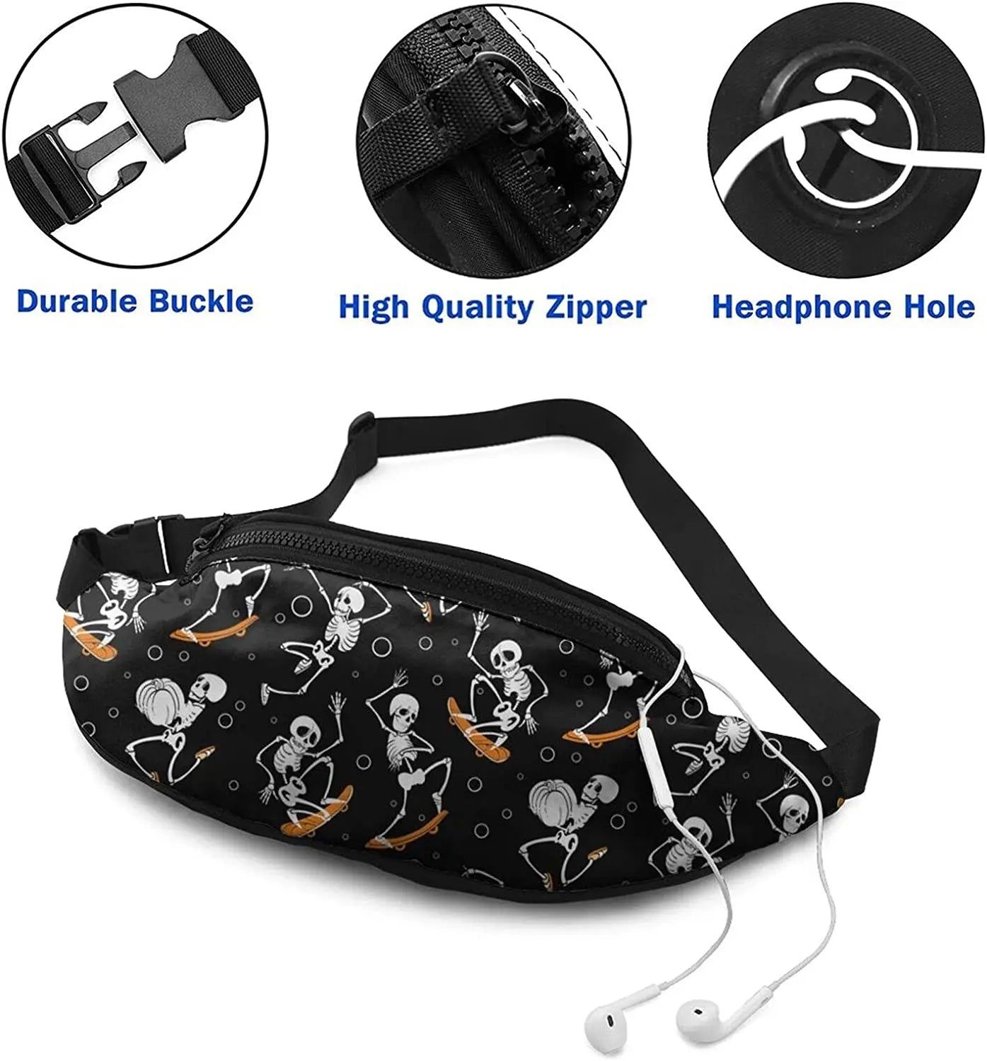 Skateboard Skull Party Waist Bag Pack for Travel Sports Running