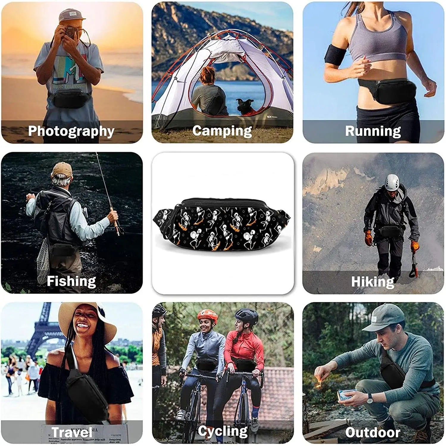Skateboard Skull Party Waist Bag Pack for Travel Sports Running