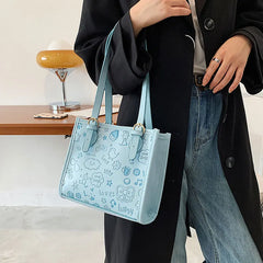 Casual PU Leather Shoulder Bag Autumn Cartoon Printing Female Crossbody Bag