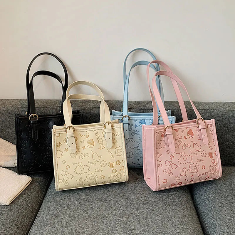 Casual PU Leather Shoulder Bag Autumn Cartoon Printing Female Crossbody Bag