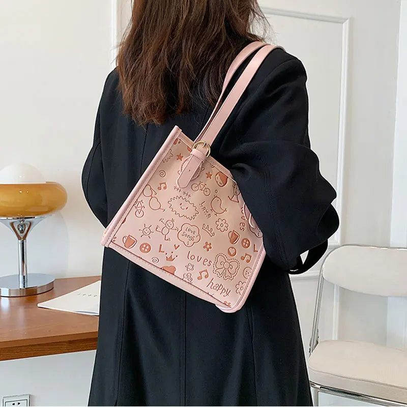Casual PU Leather Shoulder Bag Autumn Cartoon Printing Female Crossbody Bag