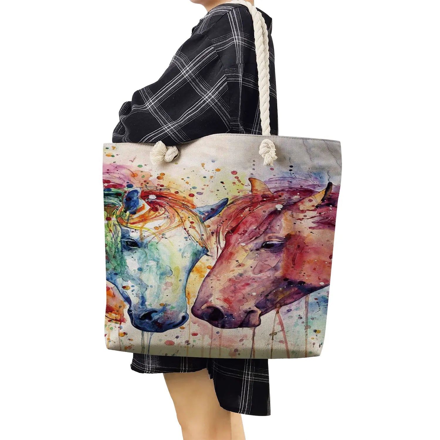 Watercolor Horse Print Tote Bag Casual Handbag for Women