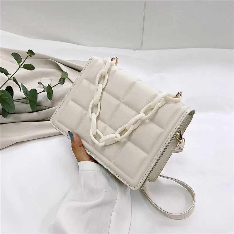 Casual Mini Handbag Flap Purse Checkered PU Leather Solid Crossbody Bag