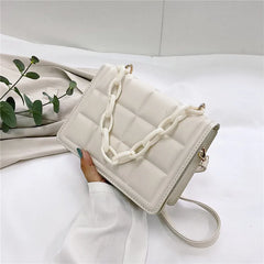 Casual Mini Handbag Flap Purse Checkered PU Leather Solid Crossbody Bag