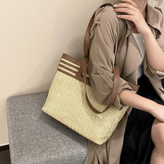 Linen Woven Tote Bag for Women Large Capacity Shoulder Handbag Travel Purse