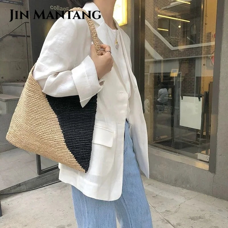 Large Straw Bag for Women Hand-Woven Shoulder Tote Beach Purse