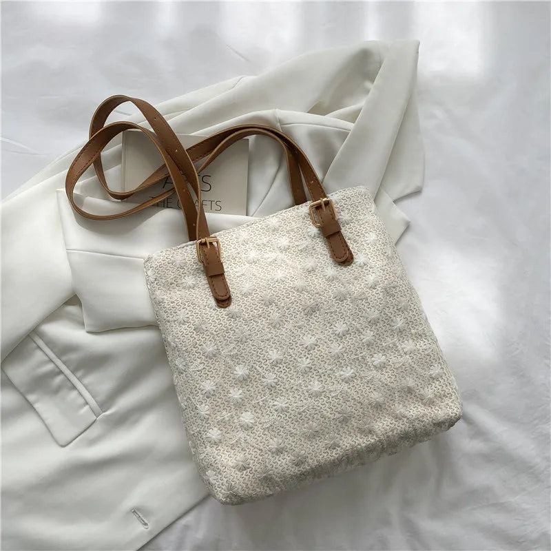 Straw Shoulder Bag Lace Woven Handbag Summer Beach Tote Lady Travel Purse